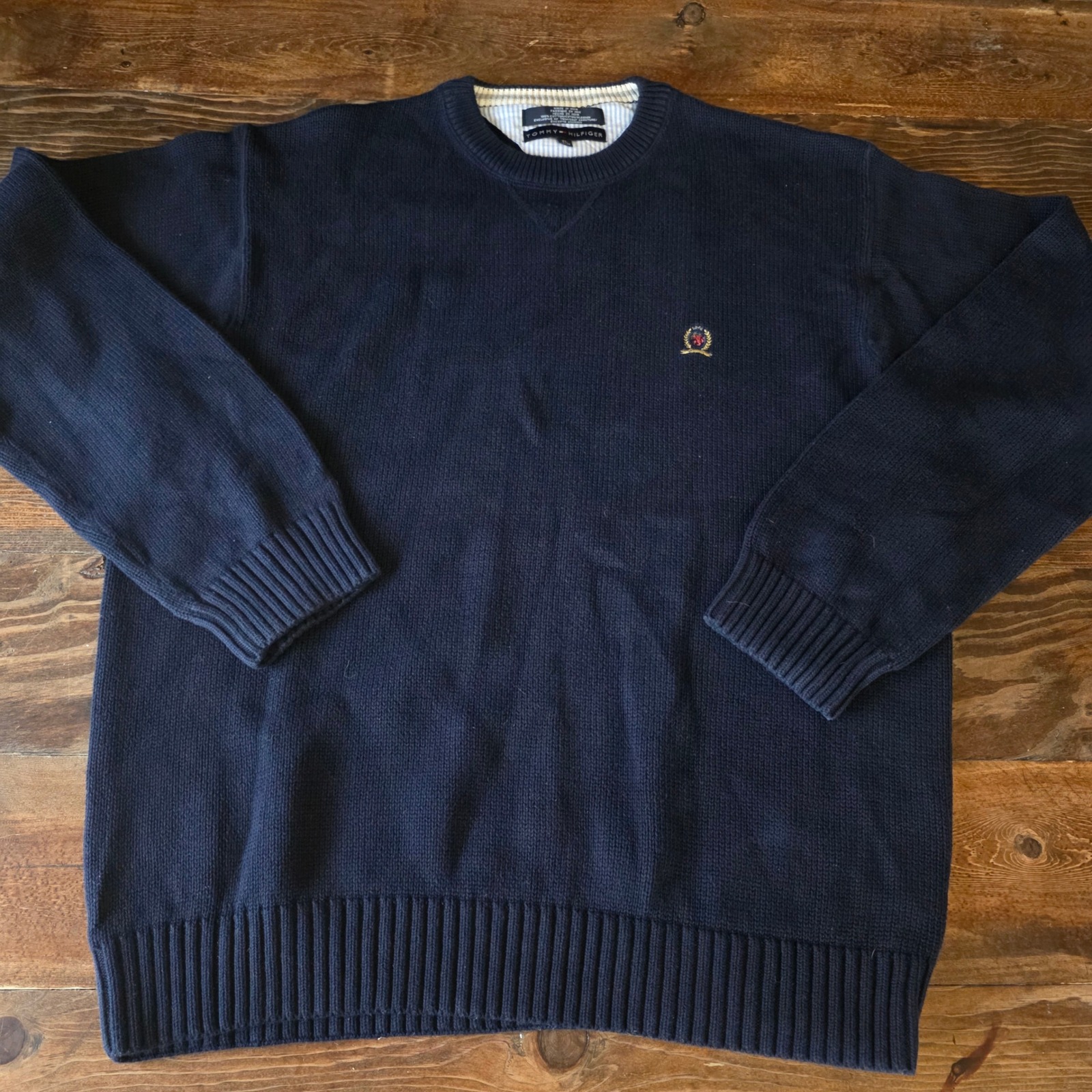Tommy Hilfiger Men's Navy Blue Cotton V-Neck Sweater Xl Embroidered Logo Heavy